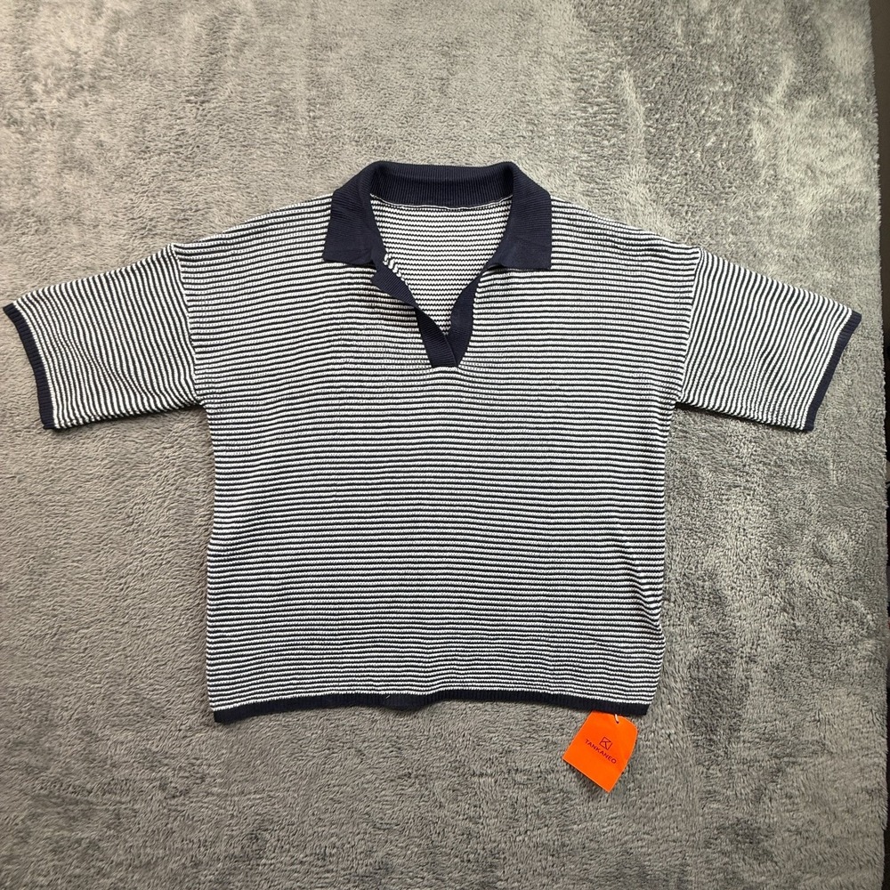 TANKANEO Womens M Navy White Striped Polo Shirt Knit Relaxed Slouchy Collared